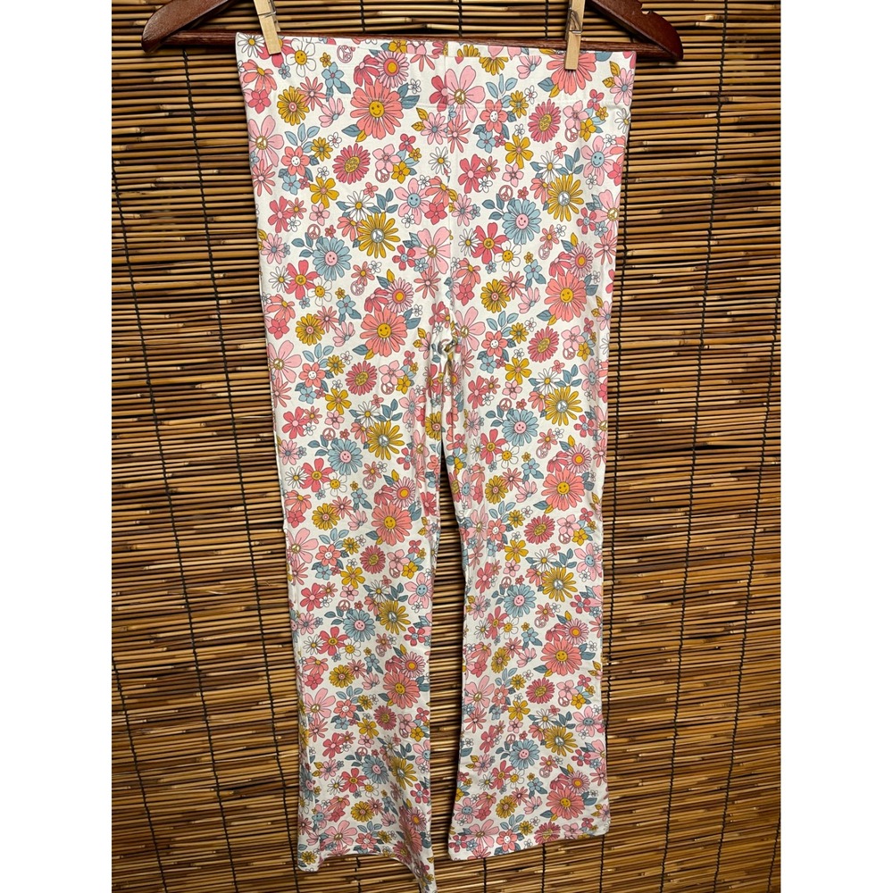Haute Hippie Kids Floral Flare Leggings Pink Blue Daisy Smiley Face Size L 10/12